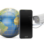 Security camera with globe Earth and phone, 3D rendering