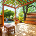 Backyard deck with wicker furniture and pergola.