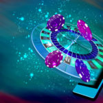 61397191 – mobile casino or roulette and casino coins flying out from a mobile