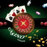 Casino background with roulette, dice, casino chips, playing cards for poker. Vector illustration